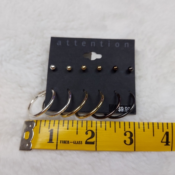 Attention Hoop & Post Earrings Set | Silver Gold Black Metal Color | 6 Pairs - Picture 2 of 5